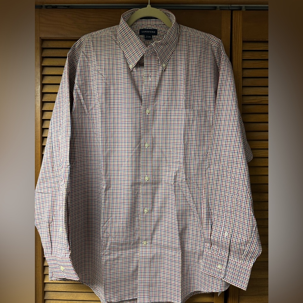 Lands End-Mens Long Sleeve Button Down Shirt L Blue Red Gold Checkered Gingham